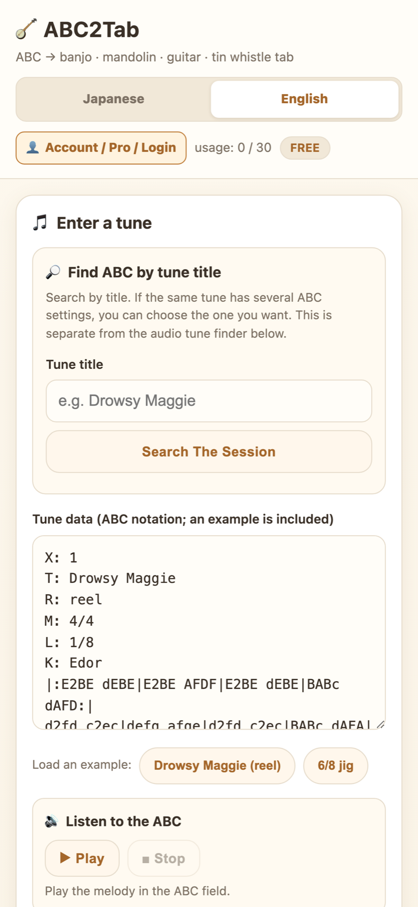 English ABC2Tab screen for searching The Session and entering ABC notation