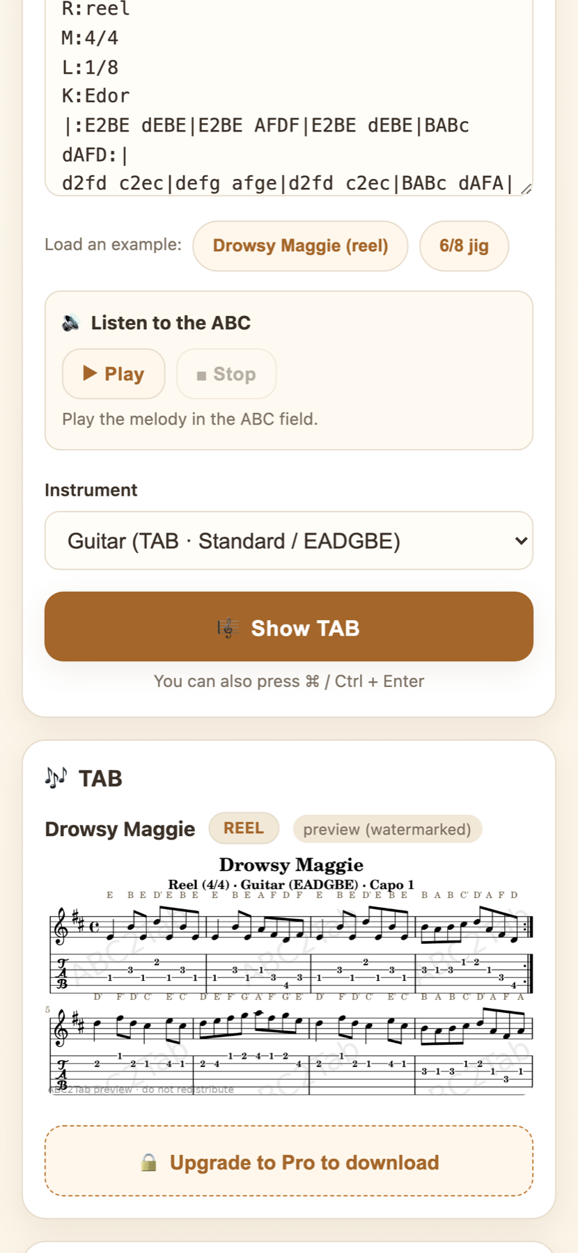 English ABC2Tab screen showing instrument selection and generated guitar TAB