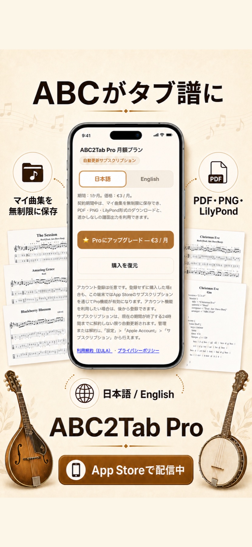 ABC2Tab Proの保存とPDF、PNG、LilyPond出力を示す日本語画面