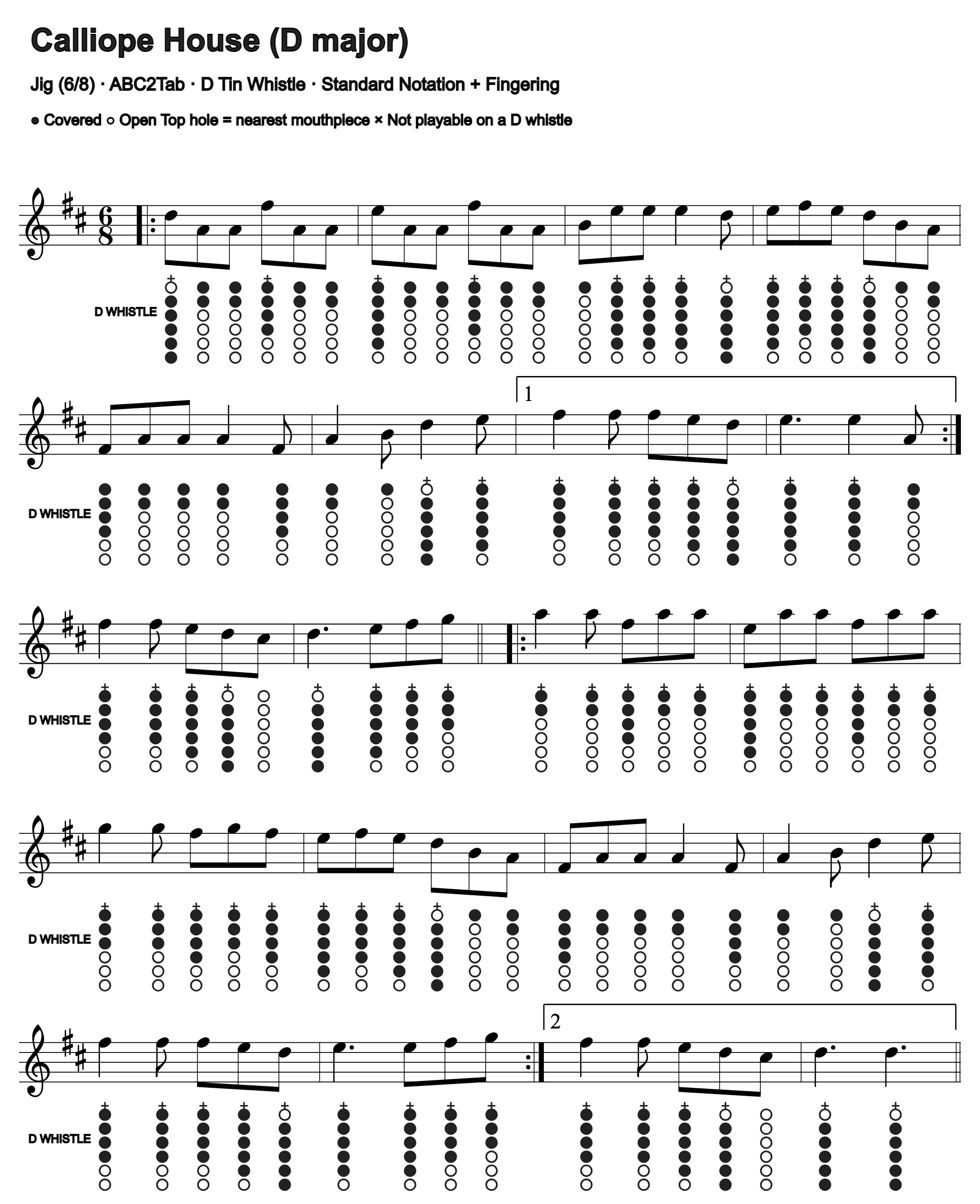 Calliope House: standard notation and D tin whistle fingering, four measures per line