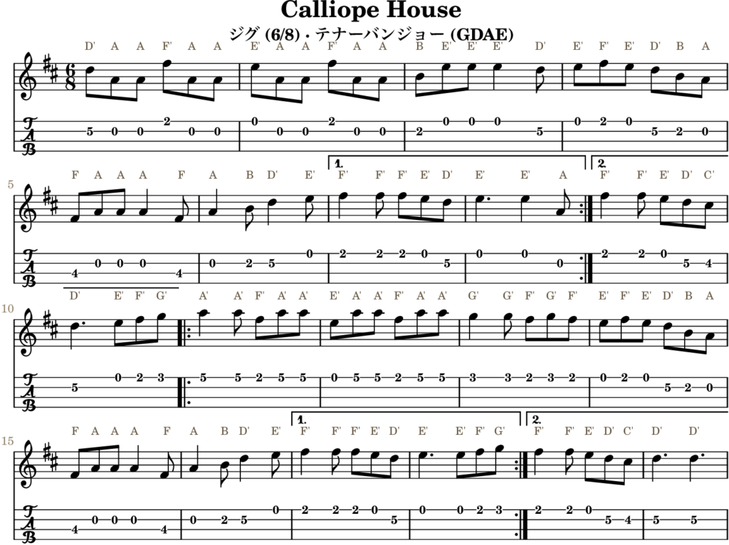 Calliope House(Dメジャー・Jig)|バンジョーTABとD管ホイッスル運指
