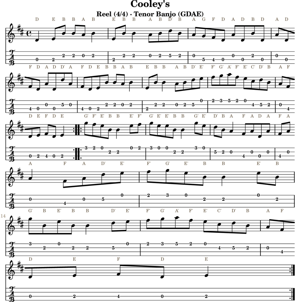 Cooley’s in E Dorian — Reel | Tenor Banjo TAB & D Whistle Fingering