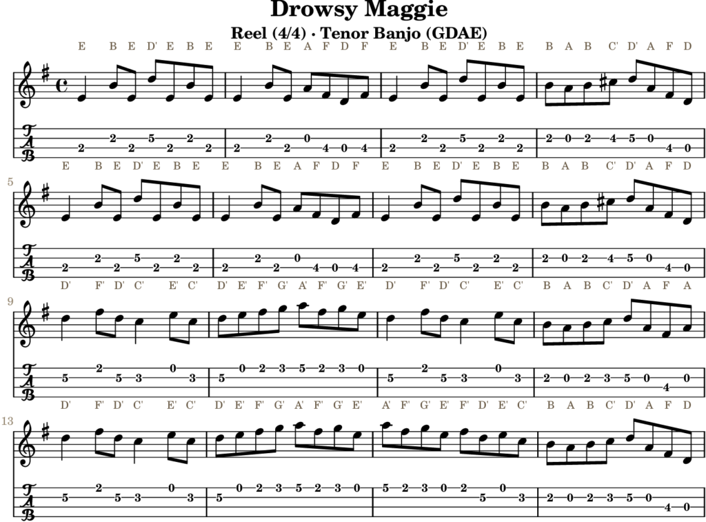 Drowsy Maggie in G Major — Reel | Tenor Banjo TAB & D Whistle Fingering