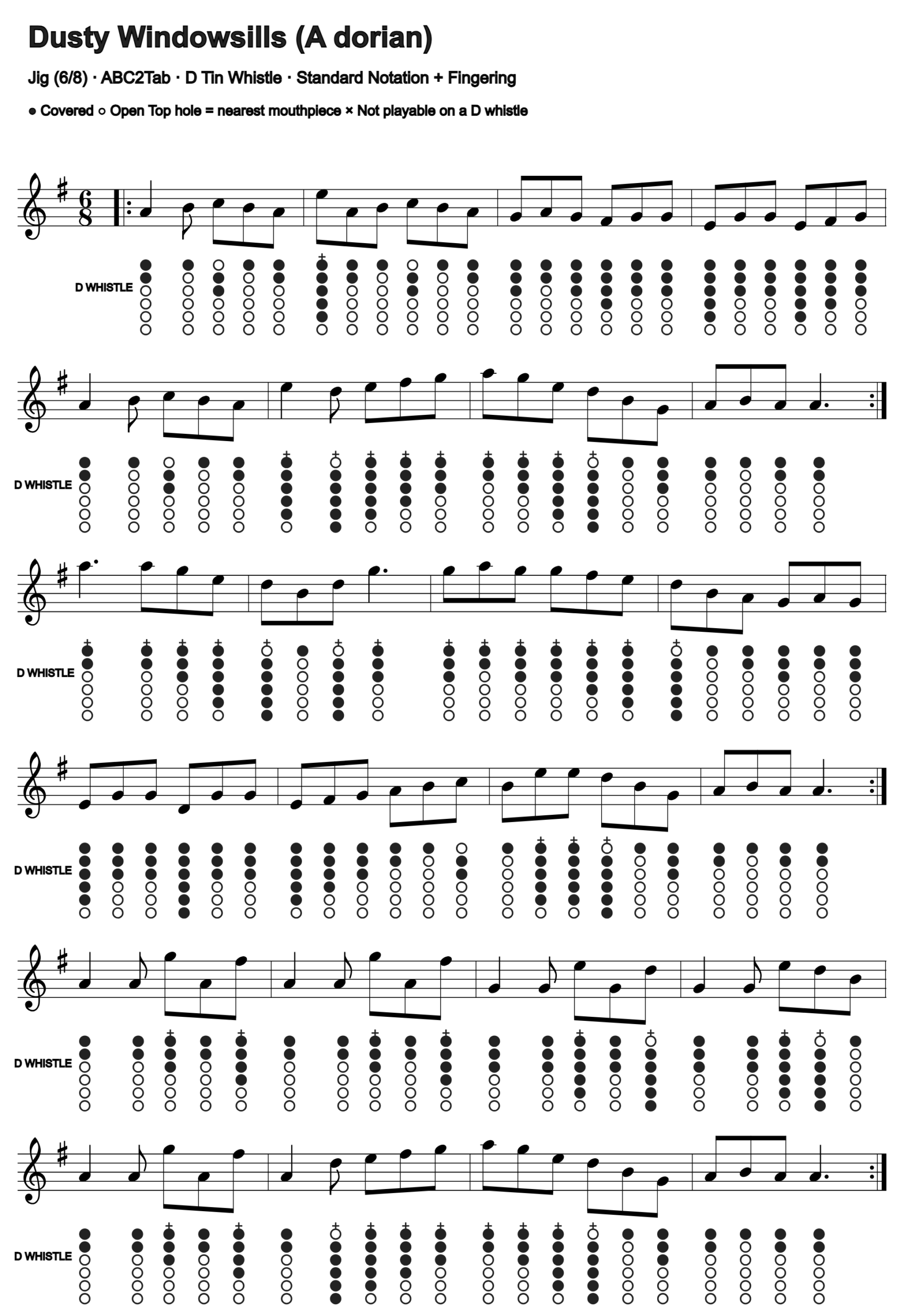Dusty Windowsills: standard notation and D tin whistle fingering, four measures per line