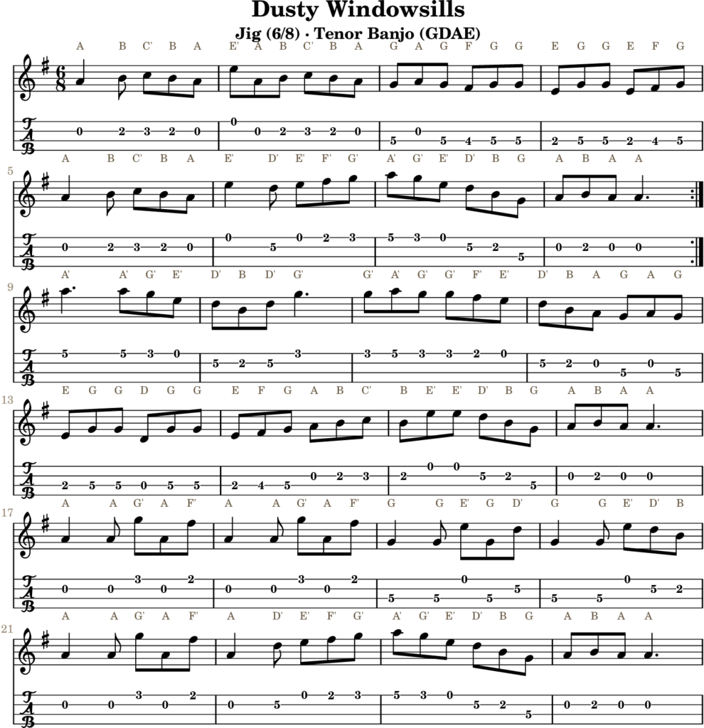Dusty Windowsills in A Dorian — Jig | Tenor Banjo TAB & D Whistle Fingering