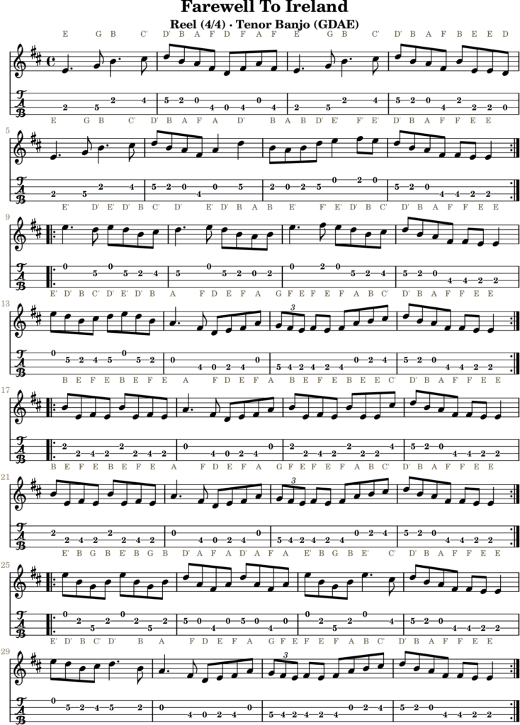 Farewell To Ireland in E Dorian — Reel | Tenor Banjo TAB & D Whistle Fingering