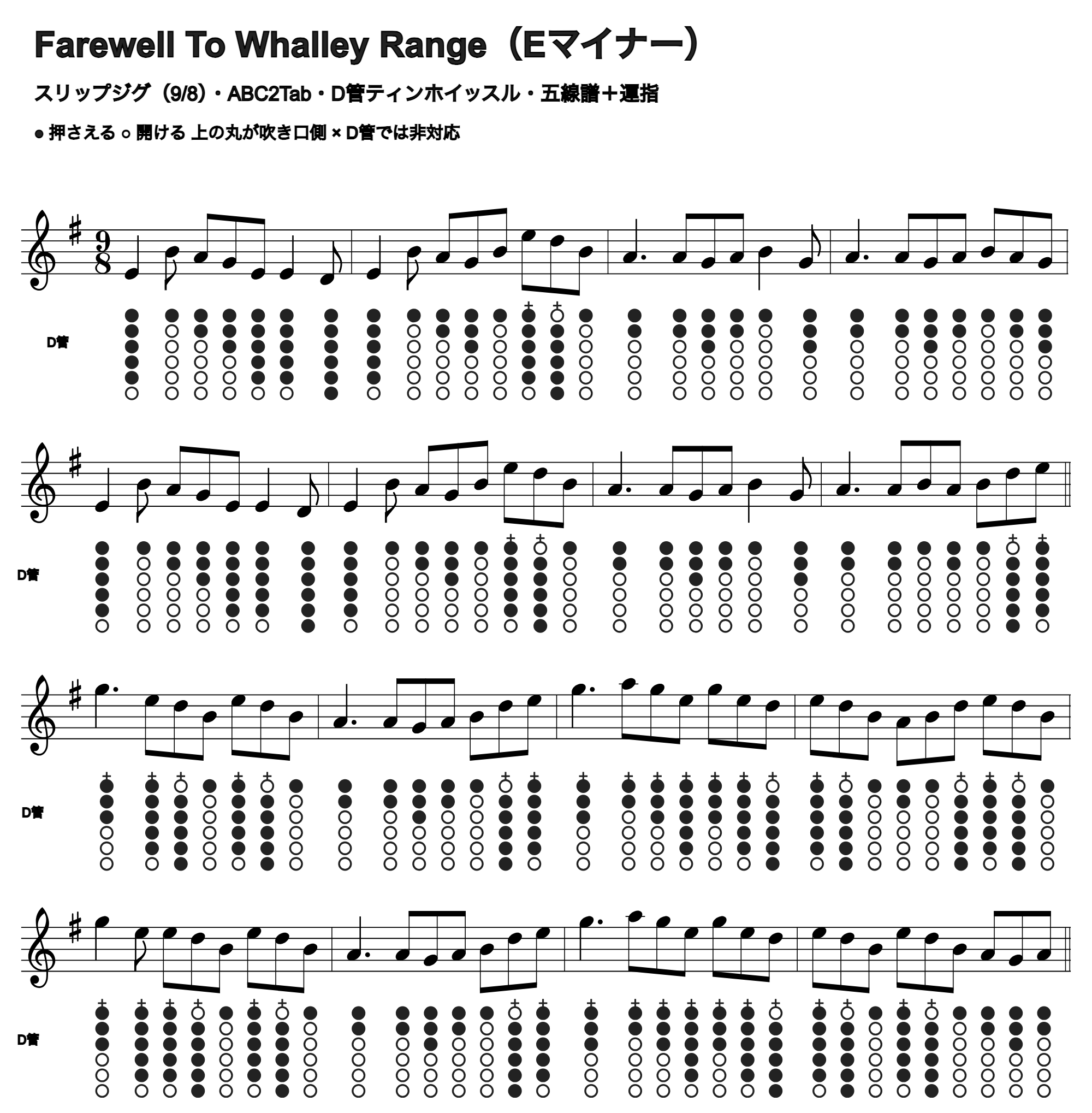 Farewell To Whalley Rangeの五線譜とD管ホイッスル運指、1段4小節