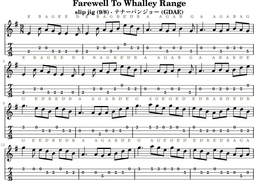 Farewell To Whalley Range（Eマイナー・Slip Jig）｜バンジョーTABとD管ホイッスル運指