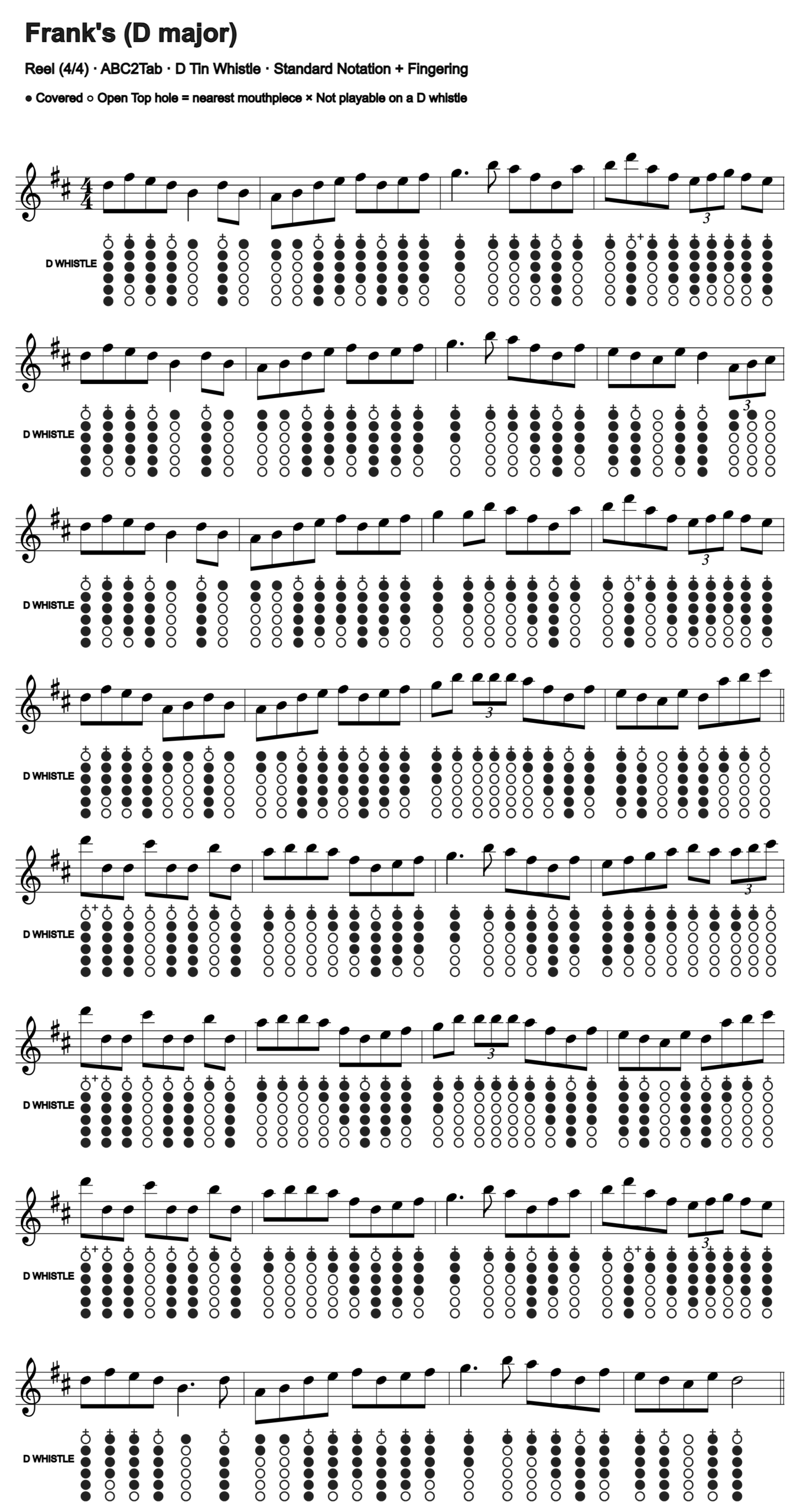 Frank's: standard notation and D tin whistle fingering, four measures per line