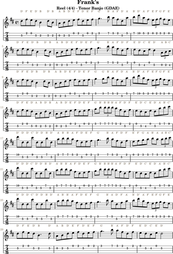 Frank’s in D Major — Reel | Tenor Banjo TAB & D Whistle Fingering