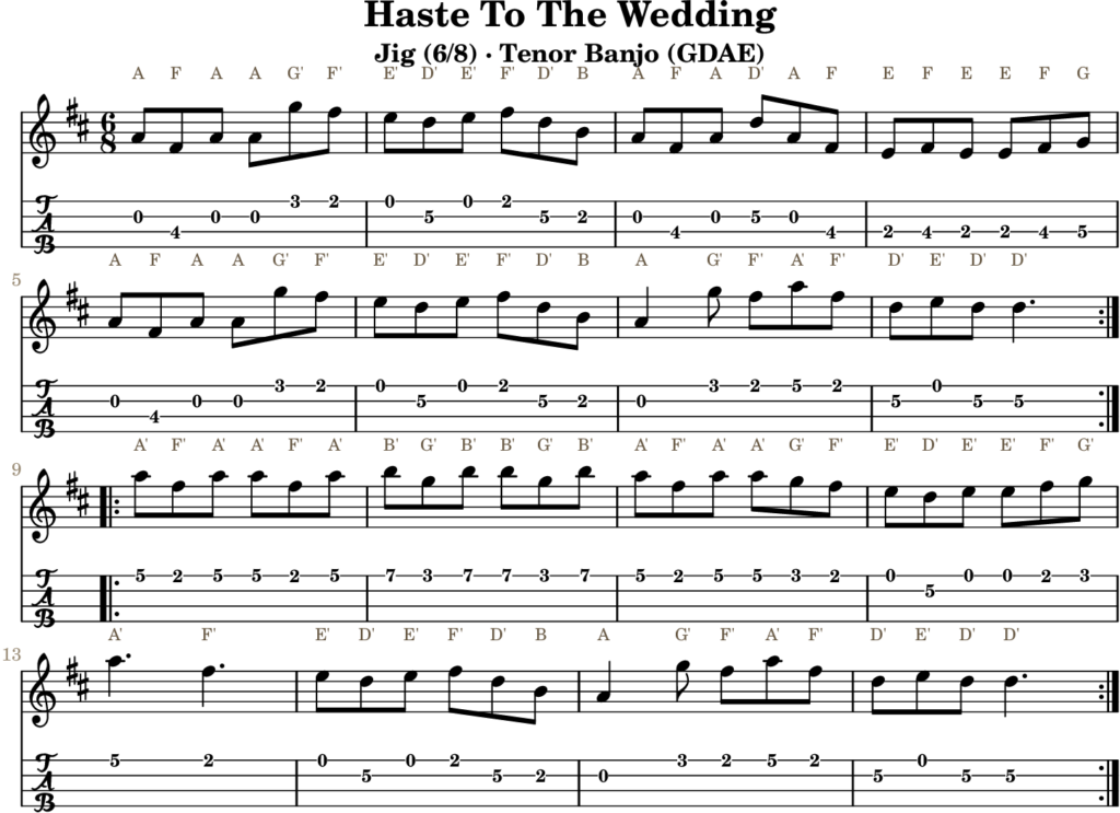 Haste To The Wedding in D Major — Jig | Tenor Banjo TAB & D Whistle Fingering