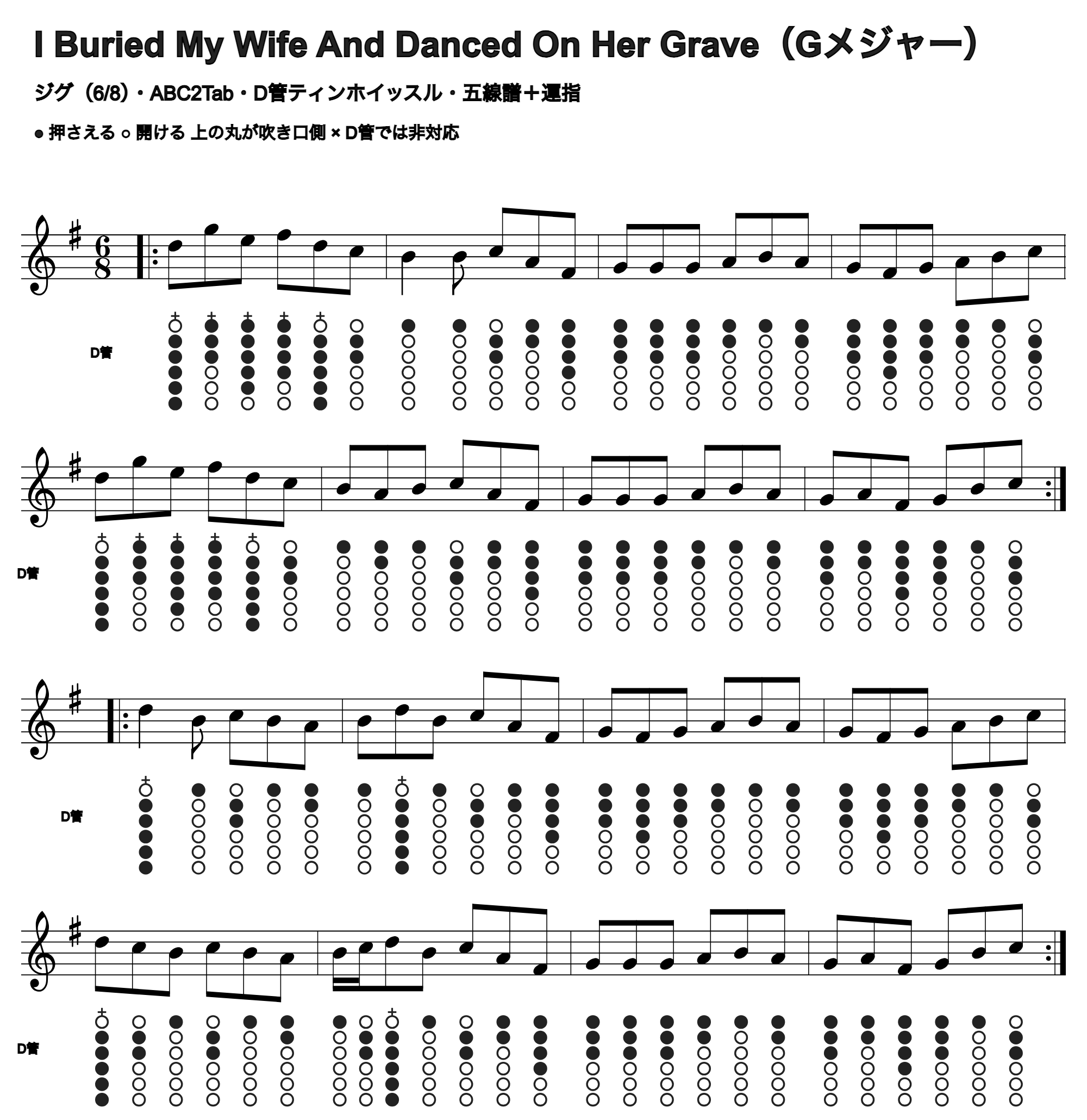 I Buried My Wife And Danced On Her Graveの五線譜とD管ホイッスル運指、1段4小節