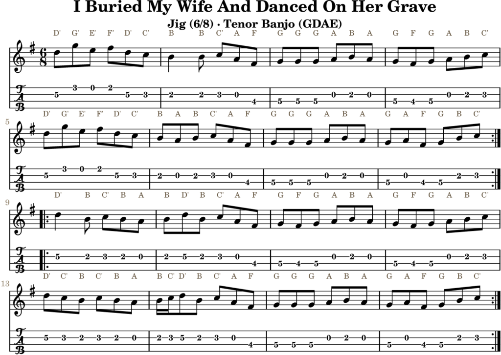 I Buried My Wife And Danced On Her Grave in G Major — Jig | Tenor Banjo TAB & D Whistle Fingering