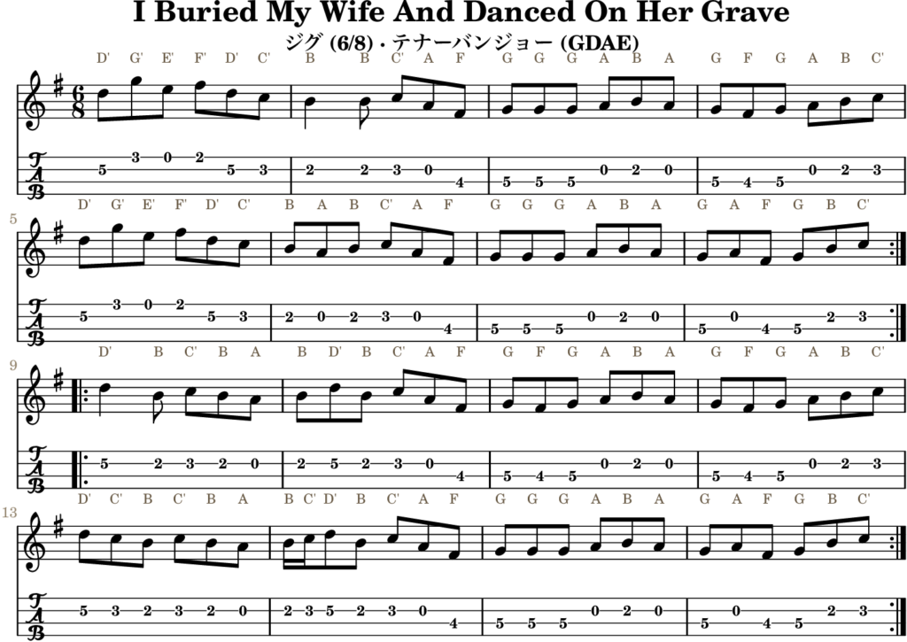 I Buried My Wife And Danced On Her Grave（Gメジャー・Jig）｜バンジョーTABとD管ホイッスル運指