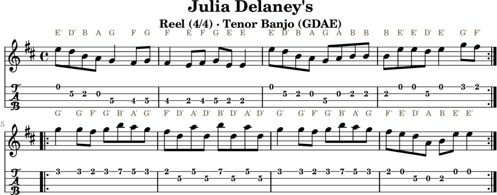 Julia Delaney’s in E Dorian — Reel | Tenor Banjo TAB & D Whistle Fingering