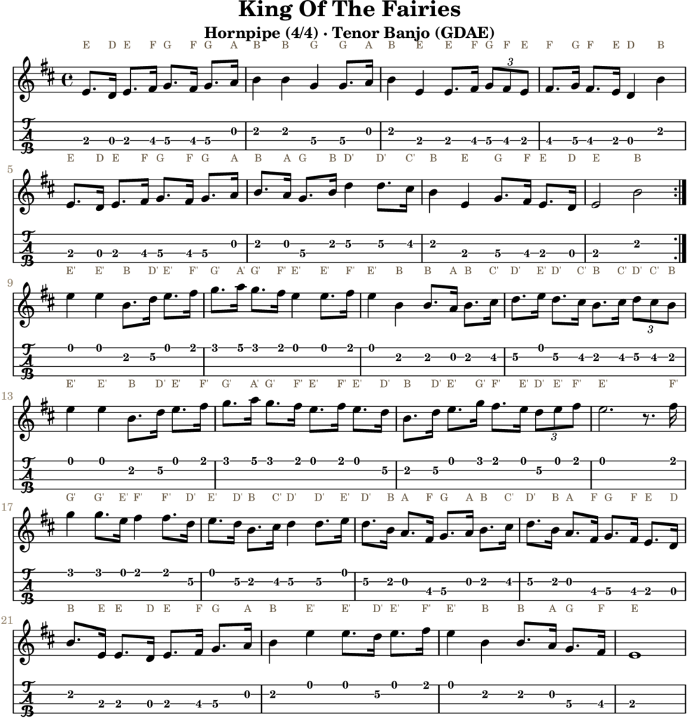 King Of The Fairies in E Dorian — Hornpipe | Tenor Banjo TAB & D Whistle Fingering