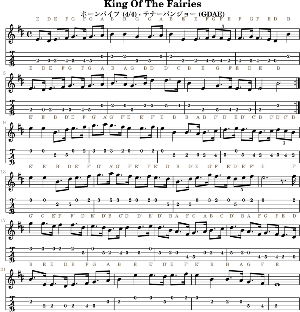 King Of The Fairies(Eドリアン・Hornpipe)|バンジョーTABとD管ホイッスル運指