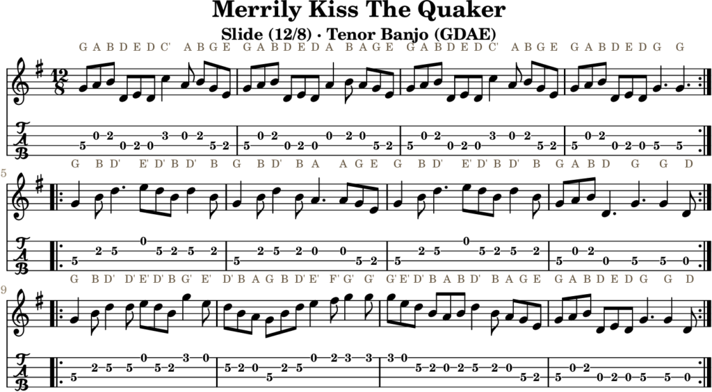 Merrily Kiss The Quaker in G Major — Slide | Tenor Banjo TAB & D Whistle Fingering