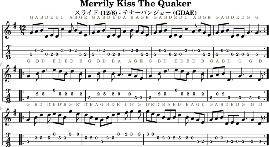Merrily Kiss The Quaker（Gメジャー・Slide）｜バンジョーTABとD管ホイッスル運指