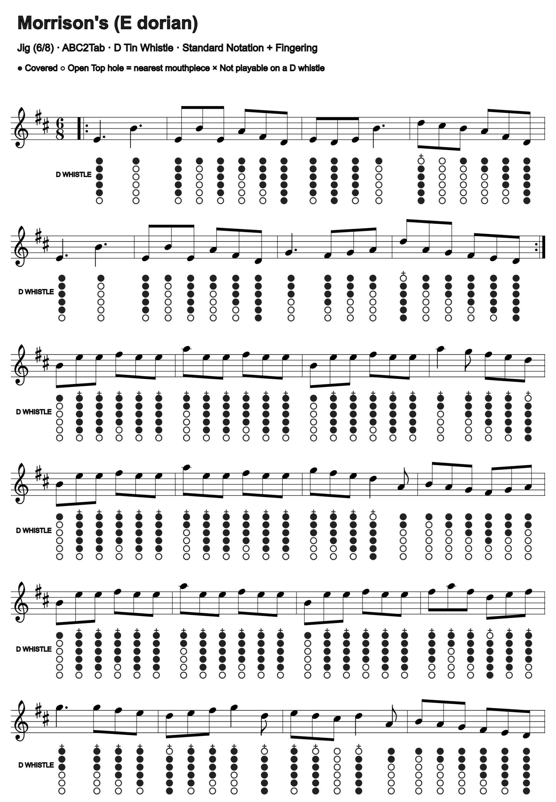 Morrison's: standard notation and D tin whistle fingering, four measures per line