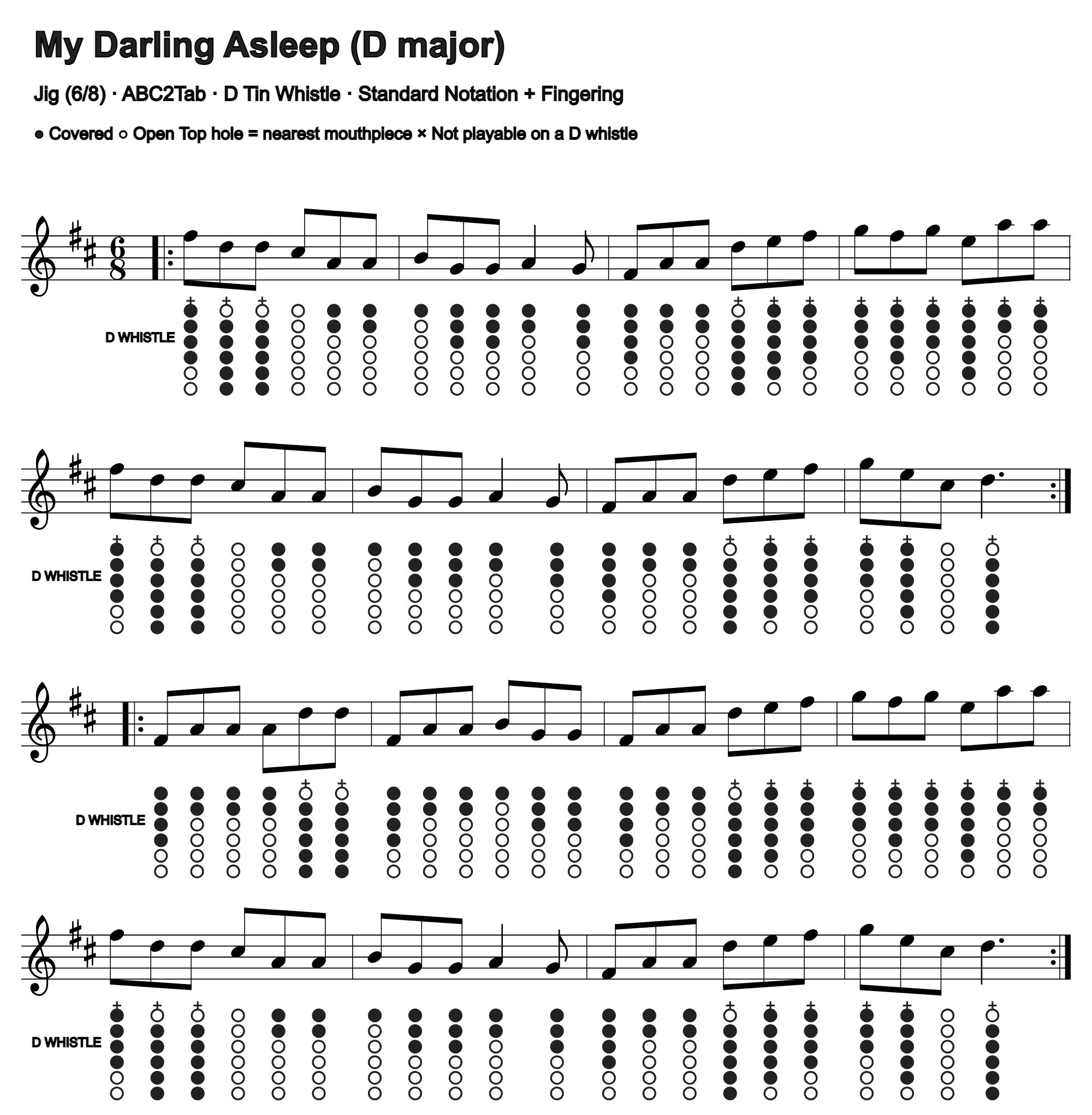 My Darling Asleep: standard notation and D tin whistle fingering, four measures per line