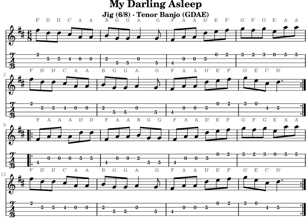 My Darling Asleep in D Major — Jig | Tenor Banjo TAB & D Whistle Fingering