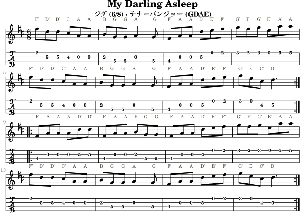 My Darling Asleep（Dメジャー・Jig）｜バンジョーTABとD管ホイッスル運指