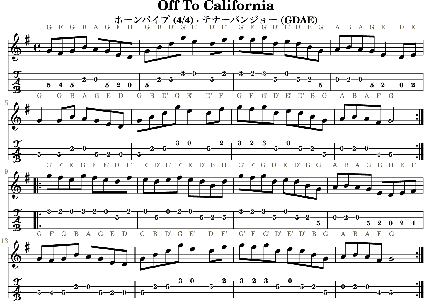 Off To California GDAE tenor banjo TAB, four measures per line