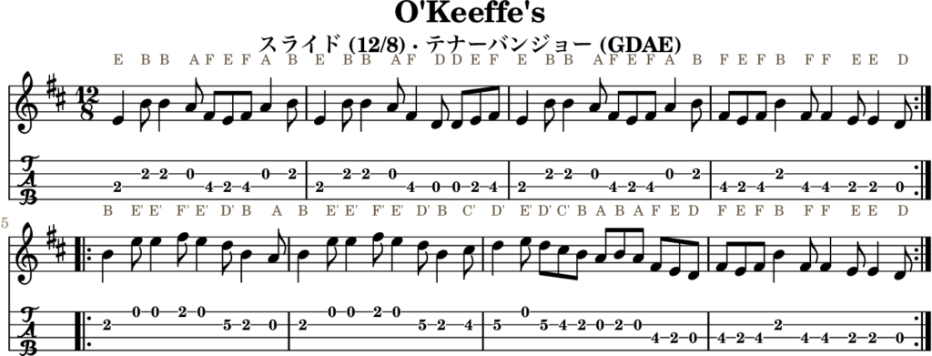O’Keeffe’s(Eドリアン・Slide)|バンジョーTABとD管ホイッスル運指