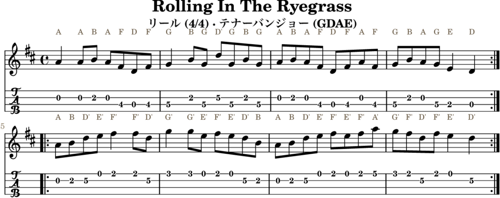 Rolling In The Ryegrass（Dメジャー・Reel）｜バンジョーTABとD管ホイッスル運指