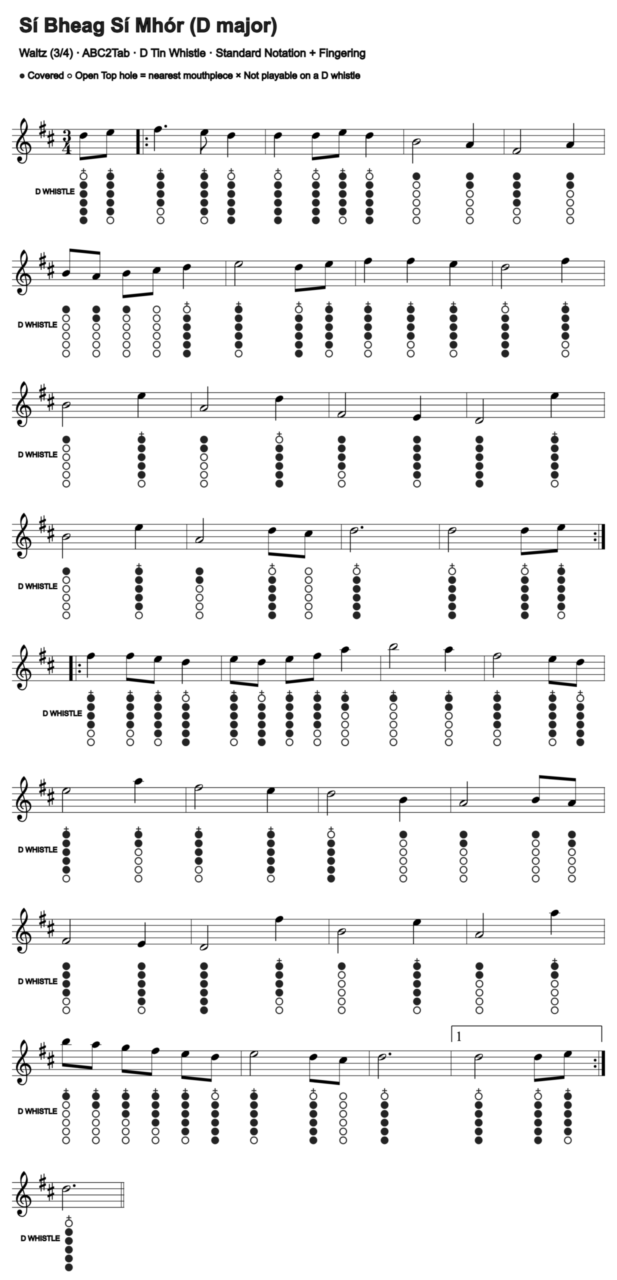 Sí Bheag Sí Mhór: standard notation and D tin whistle fingering, four measures per line