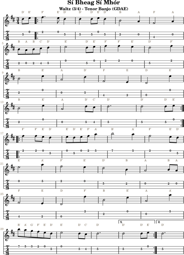 Sí Bheag Sí Mhór in D Major — Waltz | Tenor Banjo TAB & D Whistle Fingering