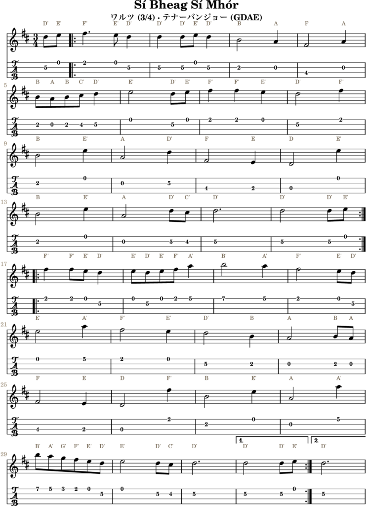 Sí Bheag Sí Mhór(Dメジャー・Waltz)|バンジョーTABとD管ホイッスル運指