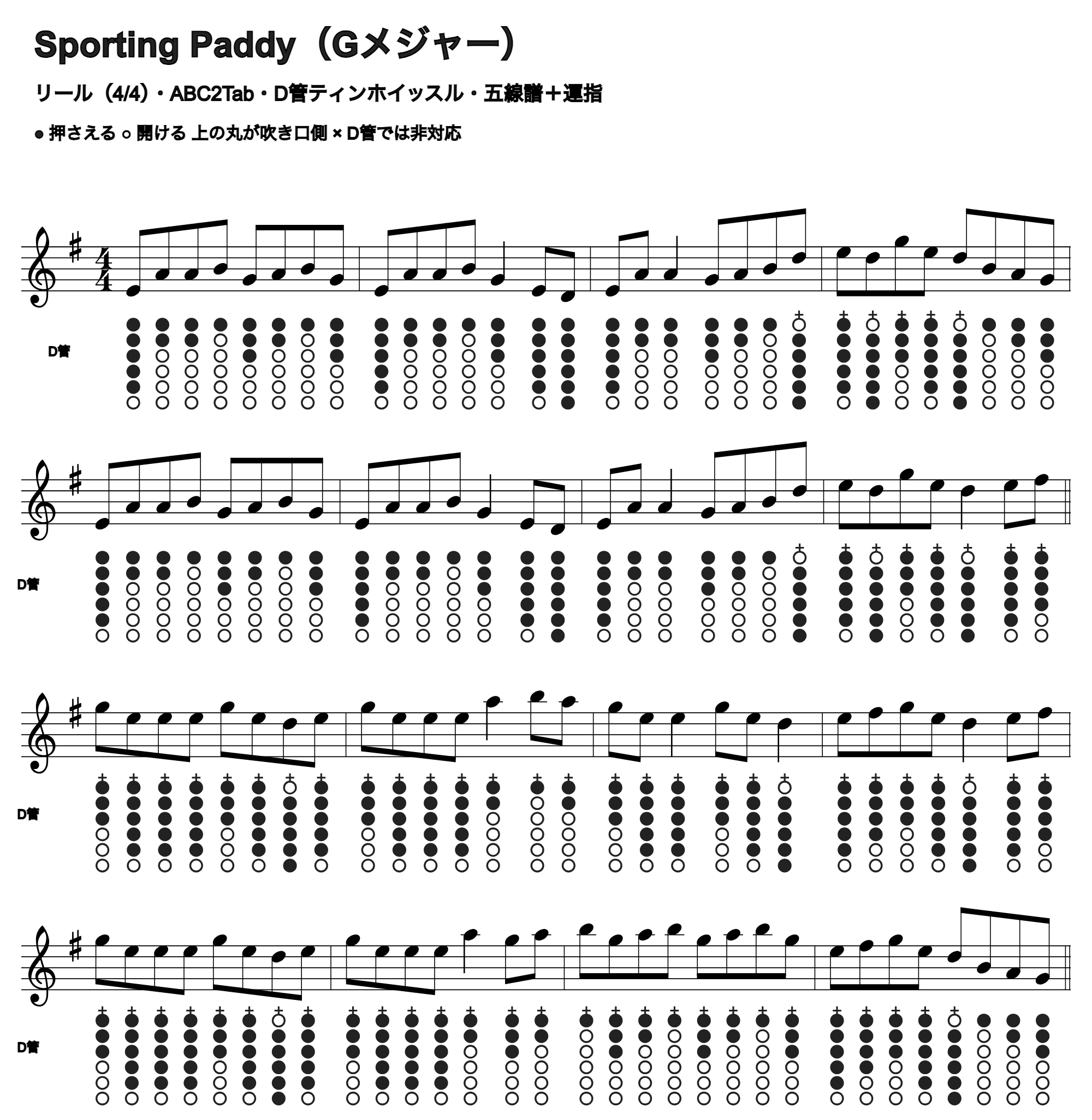 Sporting Paddyの五線譜とD管ホイッスル運指、1段4小節