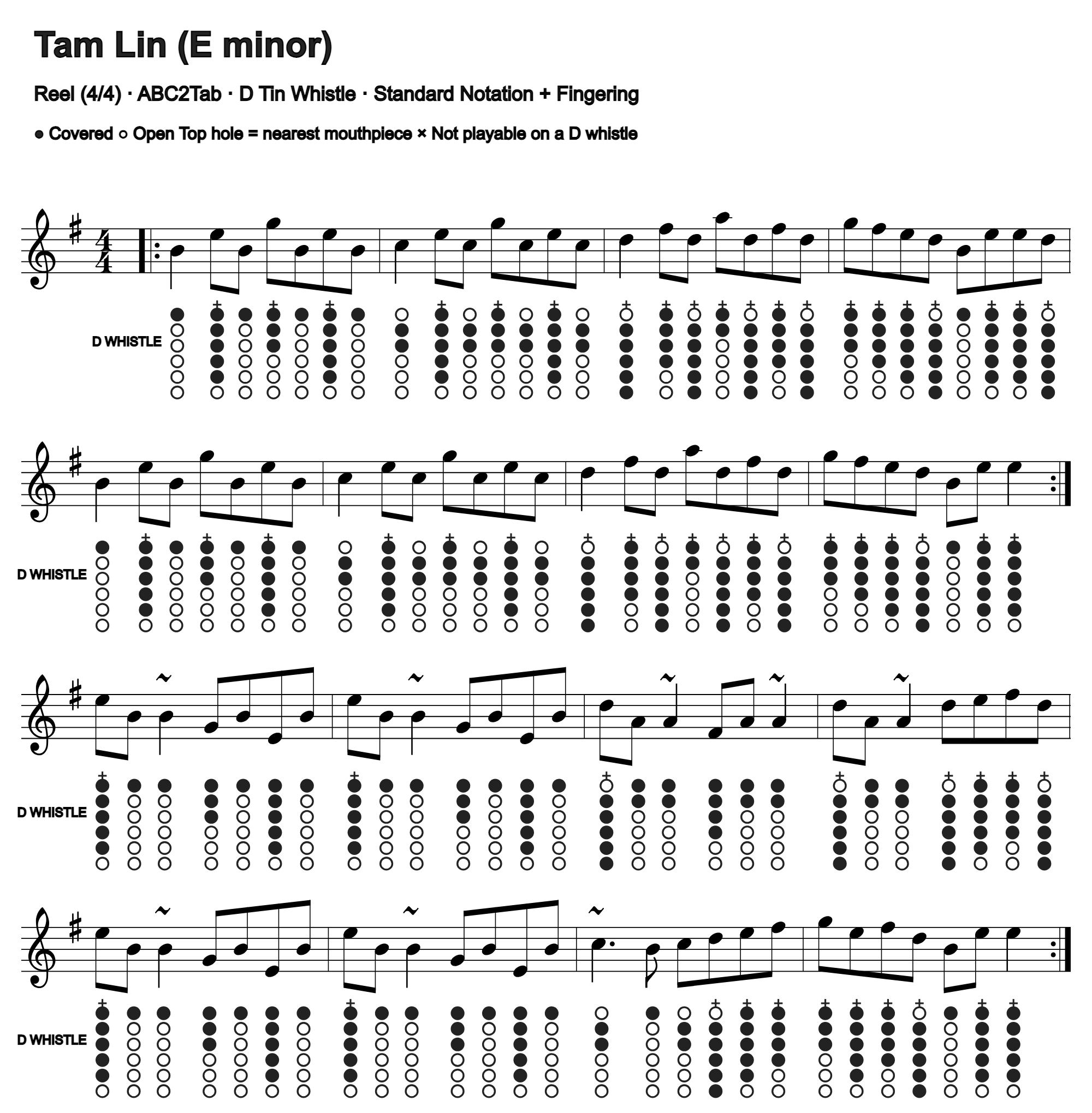 Tam Lin: standard notation and D tin whistle fingering, four measures per line