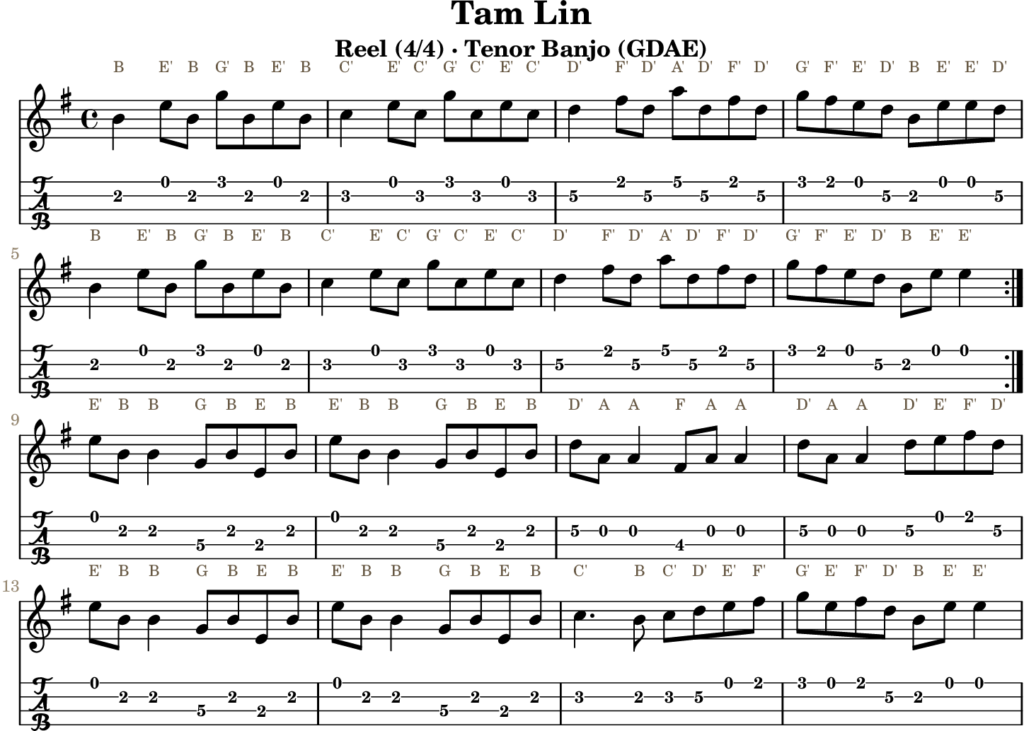 Tam Lin in E Minor — Reel | Tenor Banjo TAB & D Whistle Fingering