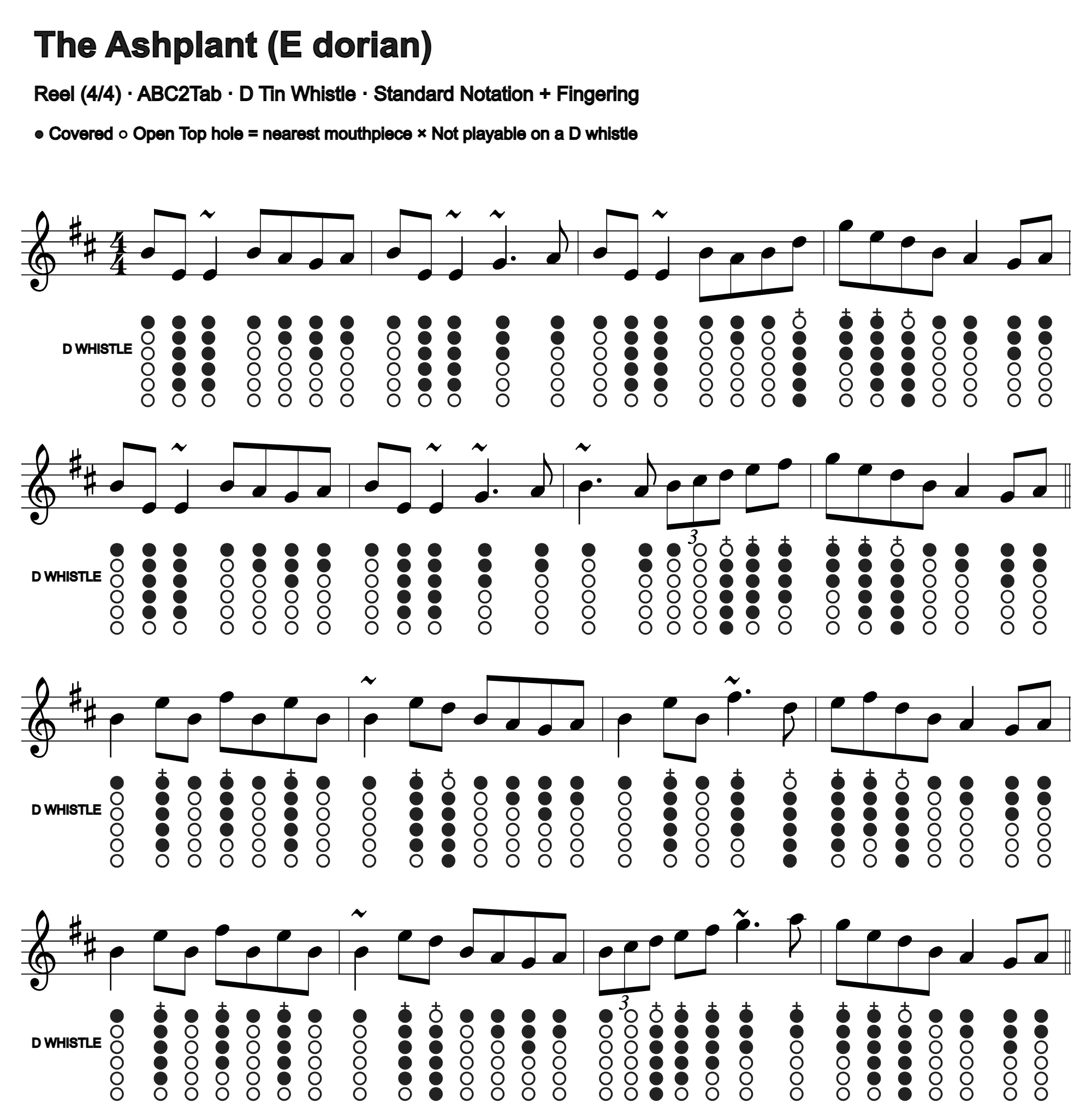 The Ashplant: standard notation and D tin whistle fingering, four measures per line