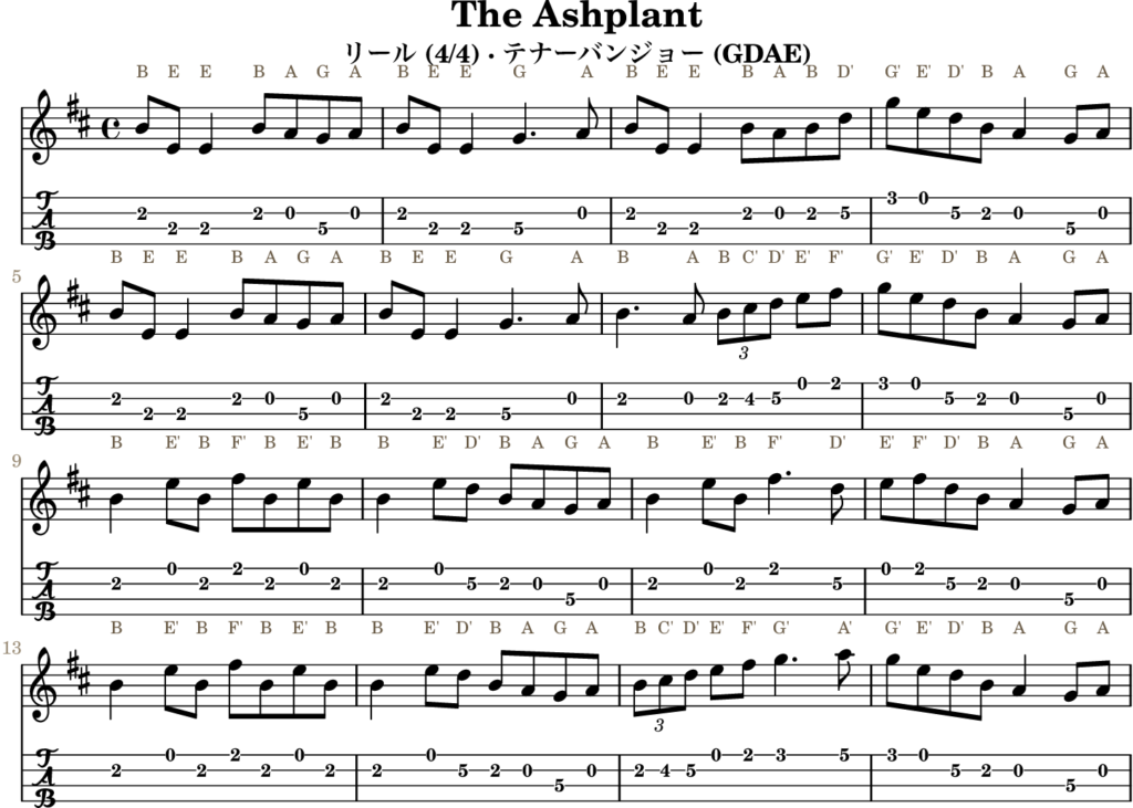 The Ashplant（Eドリアン・Reel）｜バンジョーTABとD管ホイッスル運指