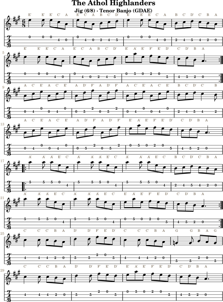 The Athol Highlanders in A Major — Jig | Tenor Banjo TAB & D Whistle Fingering