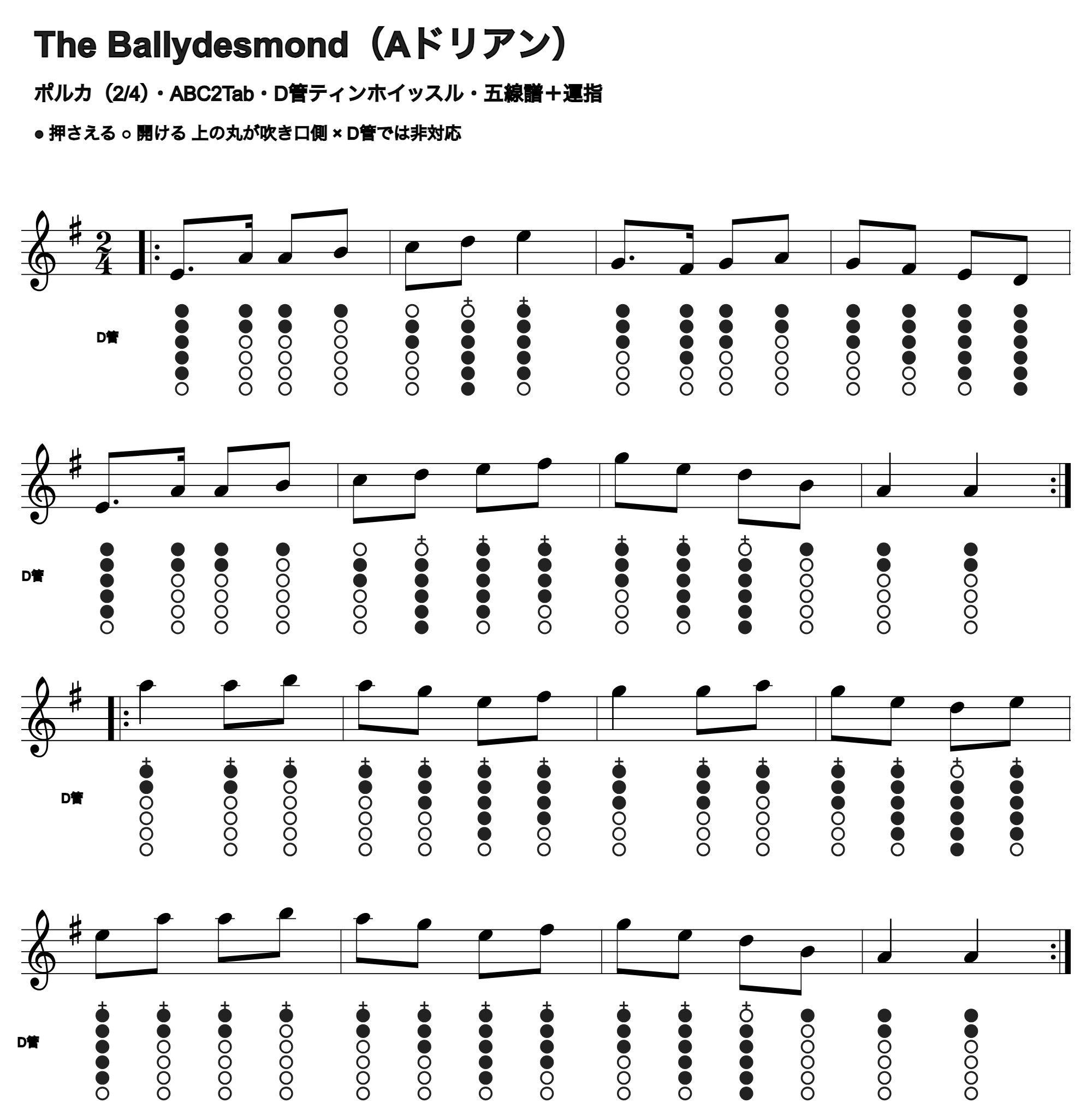 The Ballydesmondの五線譜とD管ホイッスル運指、1段4小節
