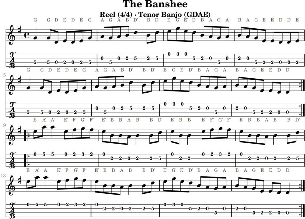 The Banshee in G Major — Reel | Tenor Banjo TAB & D Whistle Fingering