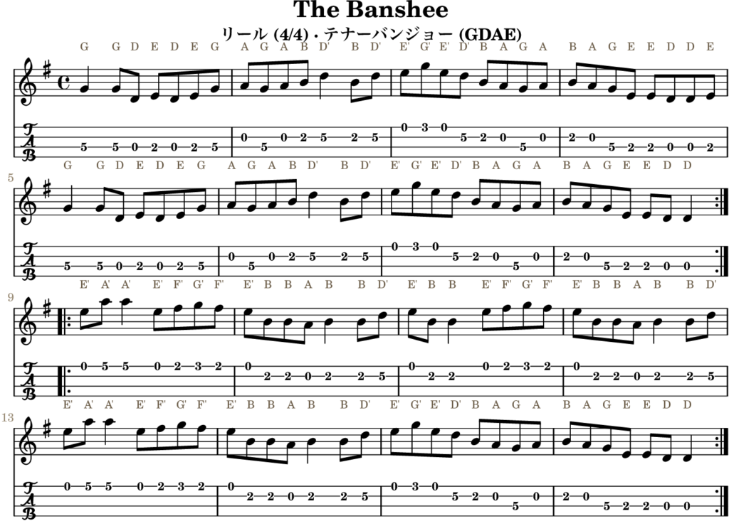 The Banshee(Gメジャー・Reel)|バンジョーTABとD管ホイッスル運指