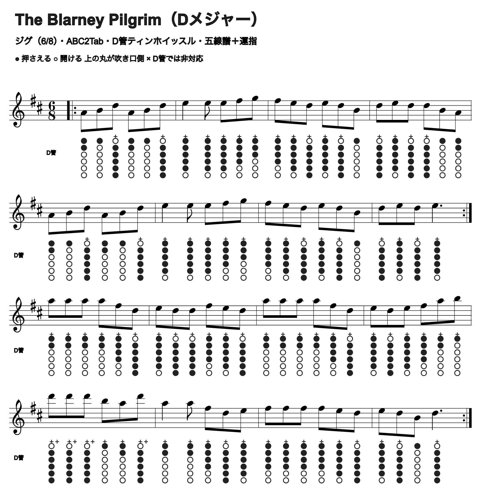 The Blarney Pilgrimの五線譜とD管ホイッスル運指、1段4小節