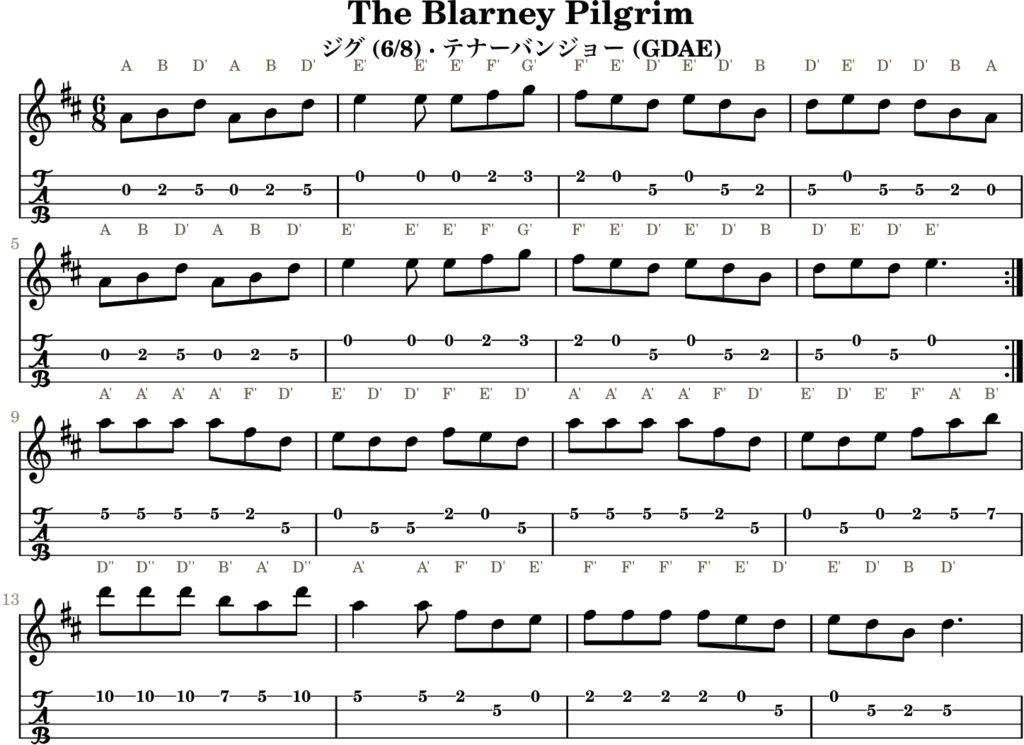 The Blarney Pilgrim(Dメジャー・Jig)|バンジョーTABとD管ホイッスル運指