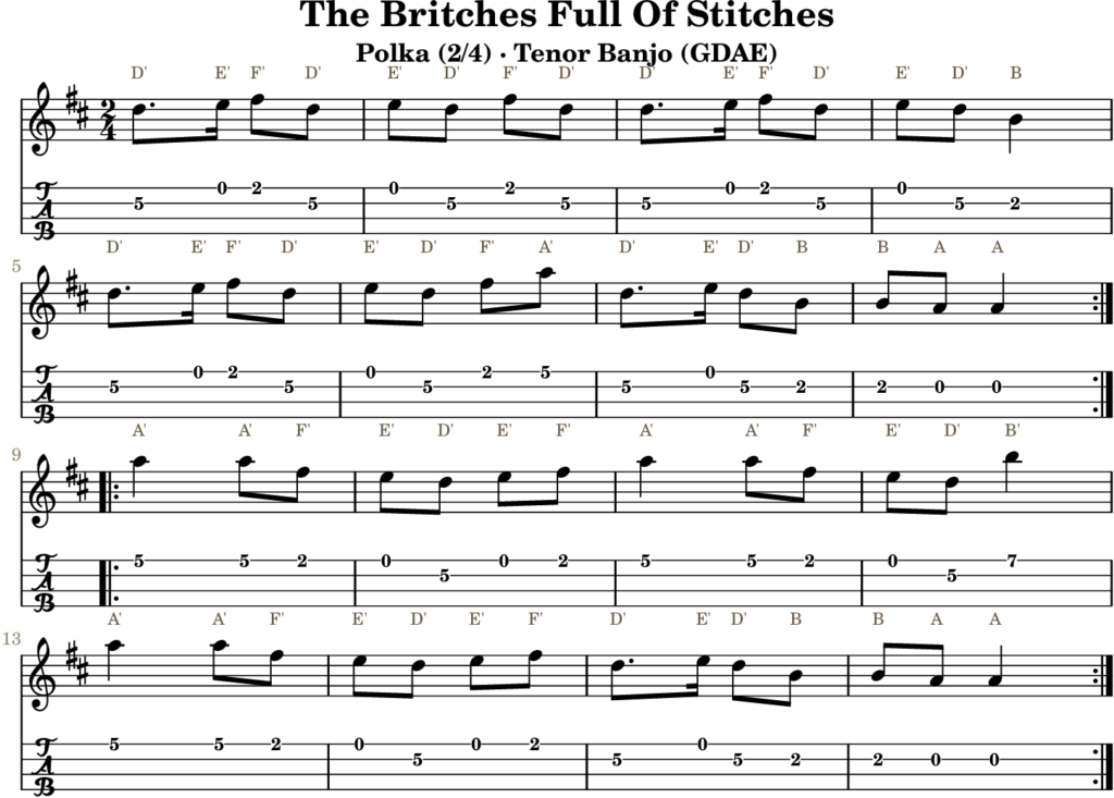 The Britches Full Of Stitches in D Major — Polka | Tenor Banjo TAB & D Whistle Fingering
