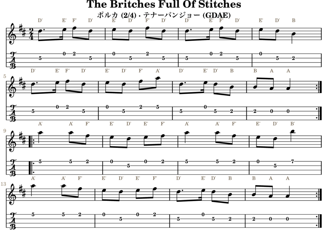The Britches Full Of Stitches（Dメジャー・Polka）｜バンジョーTABとD管ホイッスル運指