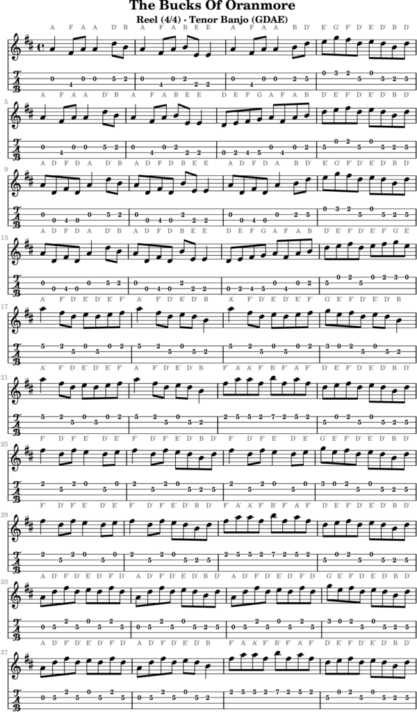 The Bucks Of Oranmore in D Major — Reel | Tenor Banjo TAB & D Whistle Fingering