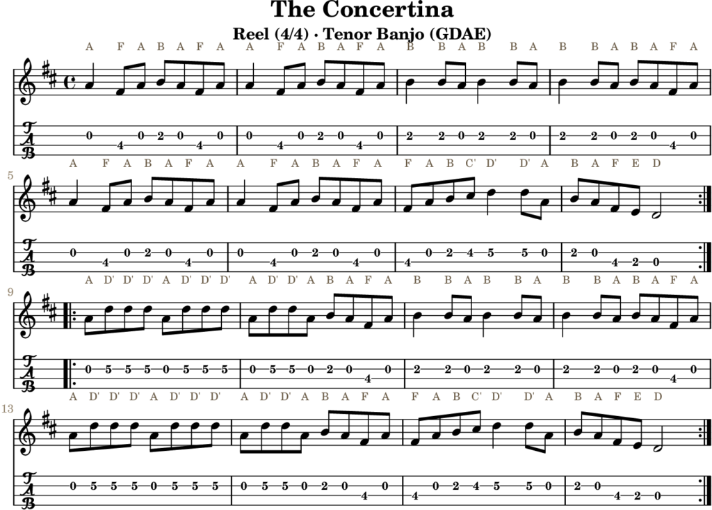 The Concertina in D Major — Reel | Tenor Banjo TAB & D Whistle Fingering