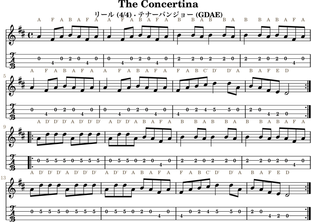 The Concertina（Dメジャー・Reel）｜バンジョーTABとD管ホイッスル運指