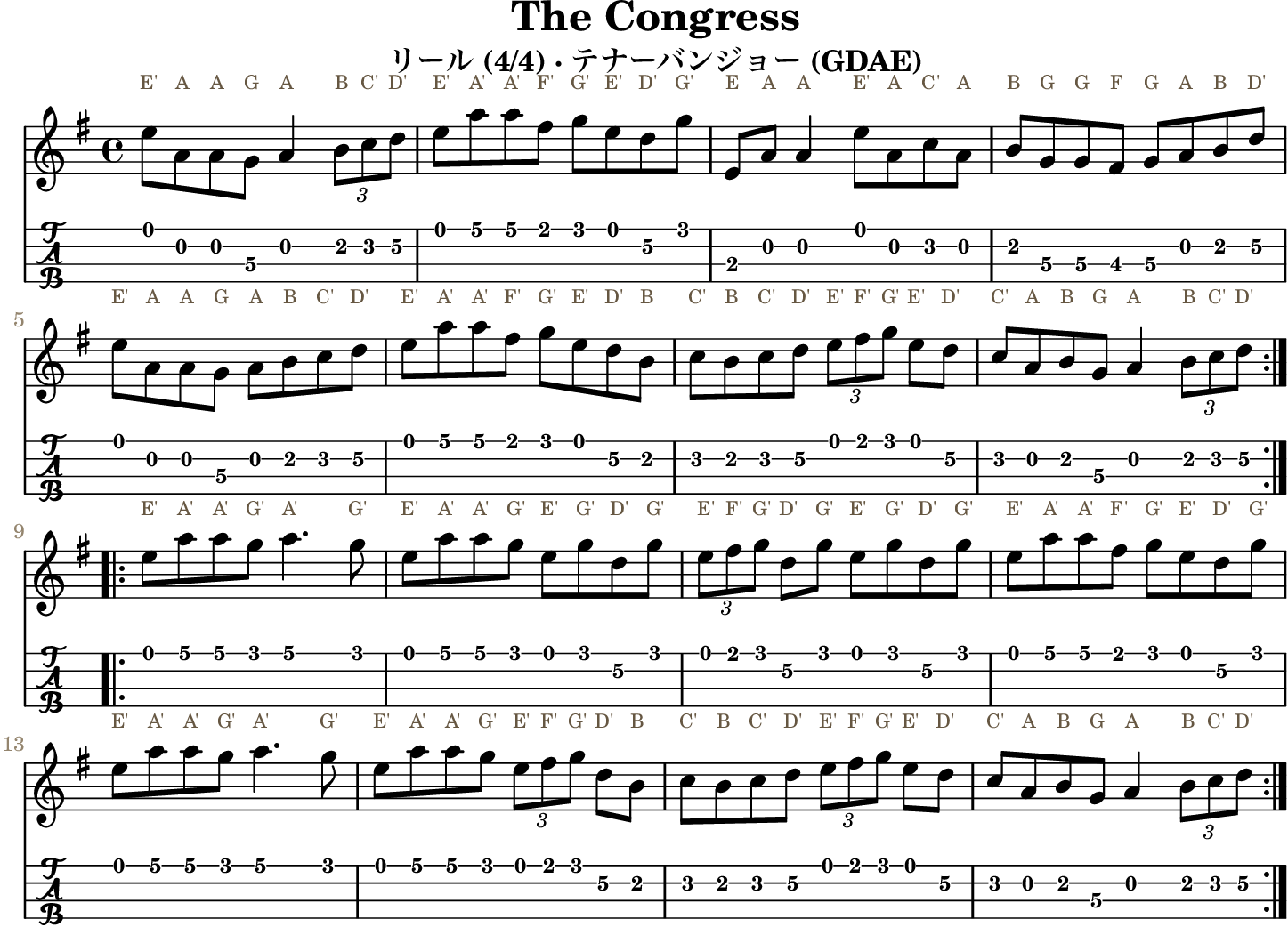The Congress GDAE tenor banjo TAB, four measures per line